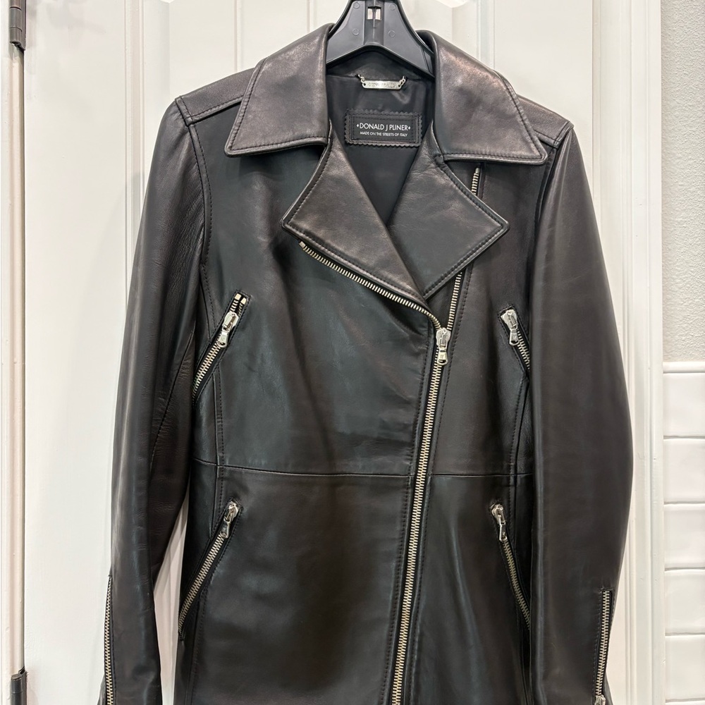 Donald J. Pliner Black Leather Asymmetrical Moto Coat